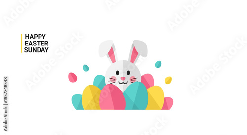 A cheerful Easter bunny peeks out from behind colorful eggs on a pastel background with a Happy Easter Sunday message