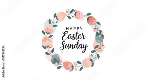 Illustration of a Happy Easter Sunday wreath with pastel eggs, bunnies, and flowers on a white background, featuring a decorative frame