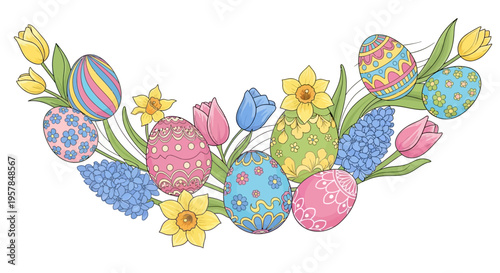 Colorful Easter eggs and bunnies illustration with flowers on a pastel background, featuring a festive holiday decoration design