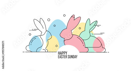 Colorful Easter bunny illustration with pastel eggs and flowers on a white background celebrating Happy Easter Sunday