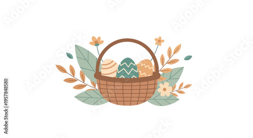 An Easter basket filled with colorful eggs and bunnies surrounded by flowers and leaves on a pastel background