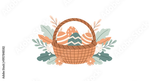 Vector illustration of a wicker basket filled with pastel Easter eggs and bunnies surrounded by flowers and leaves on a colorful background
