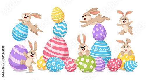 Colorful Easter illustration of bunnies and decorated eggs on a pastel background with a joyful celebration mood