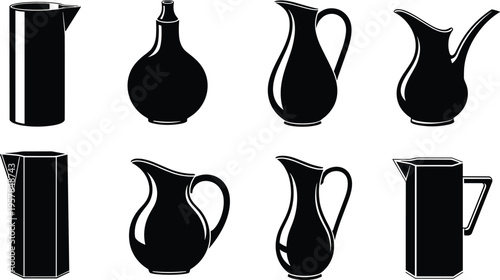 Eight pitcher silhouette illustration, black jug design, diverse container shapes, artistic kitchenware graphic, traditional pottery artwork, ergonomic vessel concept, household decor