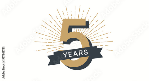 5 Years Anniversary Logo Design with Golden Number Five and Ribbon. Vector Illustration for 5th Birthday, Corporate Milestone, or Company Jubilee Celebration on White Background.