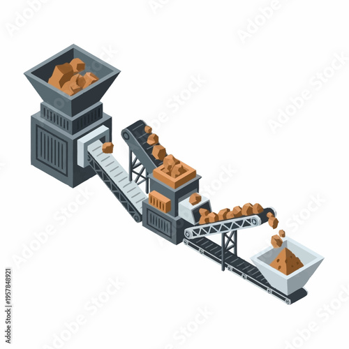 Isometric industrial conveyor belt system for material processing.