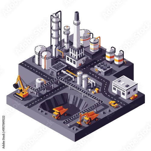 Isometric Industrial Mining and Processing Plant Illustration.