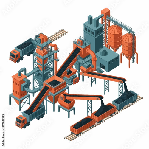 Isometric Industrial Mining Plant with Conveyor Belts and Storage Silos.