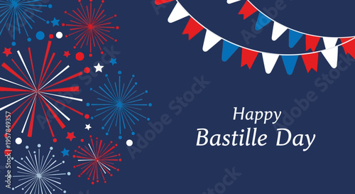 Happy Bastille Day Celebration Background with Fireworks and French Tricolor Bunting