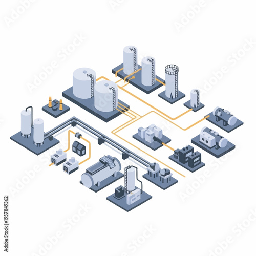Isometric Industrial Plant Layout with Storage Tanks and Processing Units.