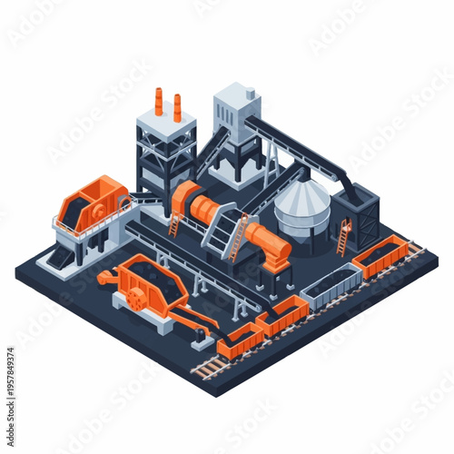 Isometric Industrial Plant with Conveyor Belts and Processing Machinery.