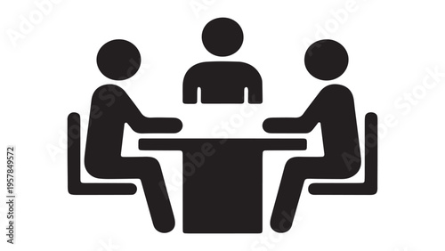 Community discussion icon with figures sitting around a desk in a flat style