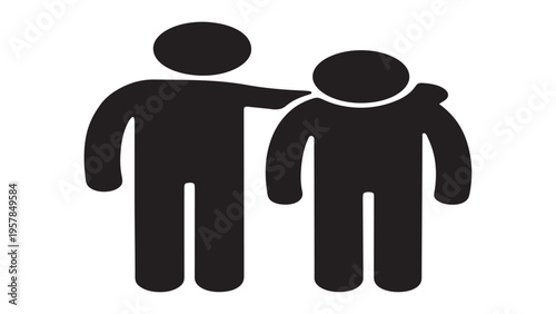 Friendship and support silhouette icon showing one person putting arm around a friend's shoulder, community concept, flat black vector on white background.