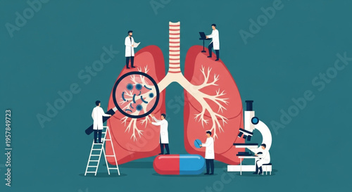 World Bronchiectasis Day Medical professionals examining lungs and bacteria in a scientific research lab, depicting healthcare and medical science innovation