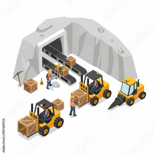 Isometric Mining and Logistics Operation with Workers and Heavy Machinery.