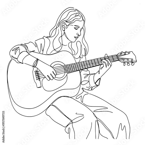 continuous line art of a young woman sitting and playing an acoustic guitar with focused expression in minimalist drawing style.