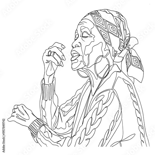 continuous line art of a mature woman wearing a headwrap singing passionately with closed eyes and expressive hand gestures.