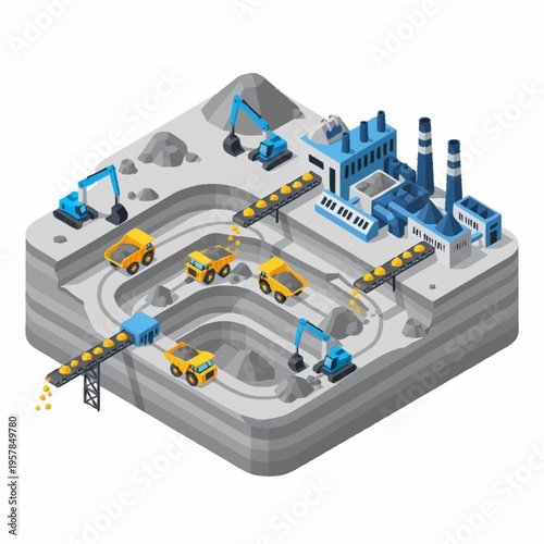 Isometric Mining and Processing Plant with Heavy Machinery and Conveyor Belts.