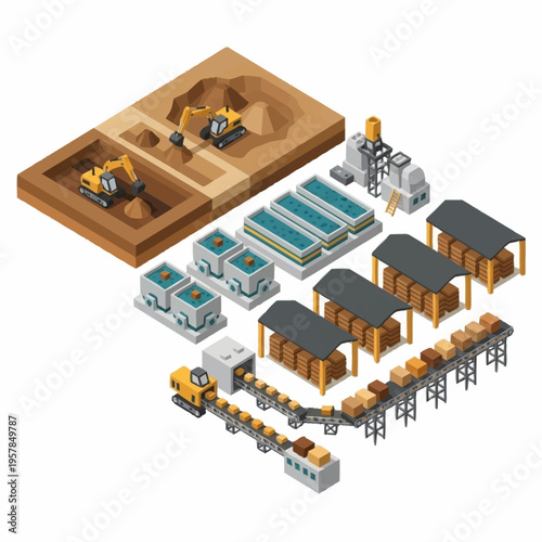 Isometric Mining and Processing Plant with Excavators and Conveyor Belts.
