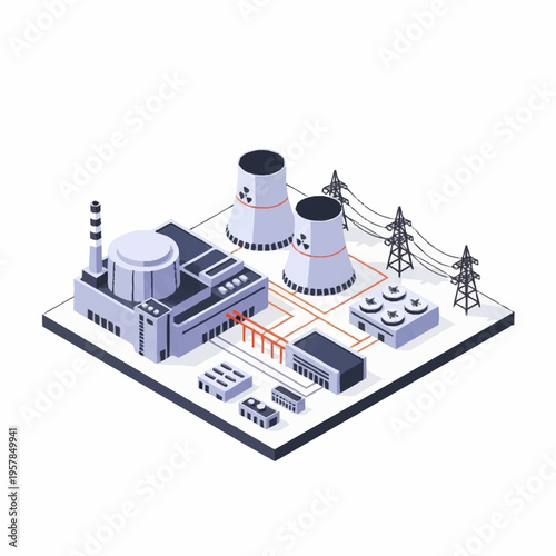 Isometric Nuclear Power Plant Generating Electricity.