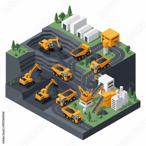 Isometric Mining Quarry with Heavy Machinery and Industrial Buildings.
