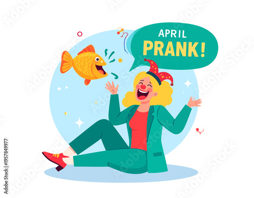 Happy April Fools' Day celebration with a silly woman dressed as a clown and a cartoon fish, enjoying the fun