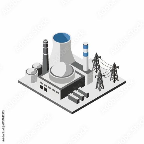 Isometric Nuclear Power Plant with Cooling Tower and Transmission Lines.