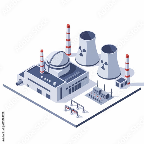 Isometric Nuclear Power Plant with Cooling Towers and Reactor Building.
