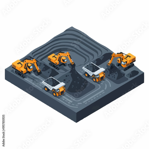Isometric Open Pit Mining Operation with Heavy Machinery.