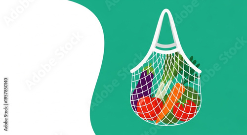 Reusable mesh bag filled with fresh vegetables, promoting sustainable shopping and healthy eating habits with a clean, modern design