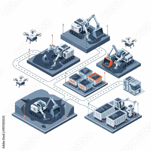 Isometric Smart Mining and Logistics Network with Autonomous Vehicles.