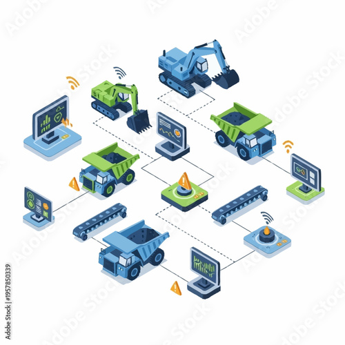 Isometric Smart Mining System with Connected Heavy Machinery and Monitoring Stations.