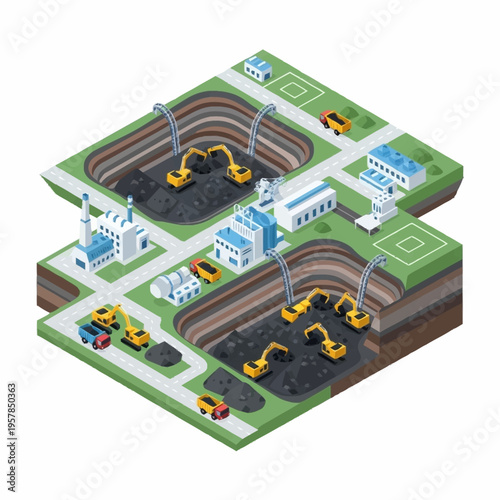 Isometric view of a large-scale open-pit mining operation with heavy machinery.