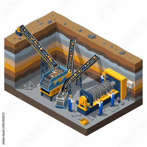 Isometric view of a mining operation with conveyor belts and processing machinery.