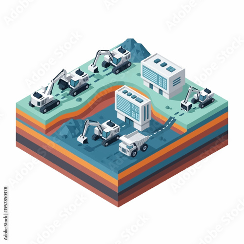 Isometric view of a mining operation with heavy machinery and layered earth.
