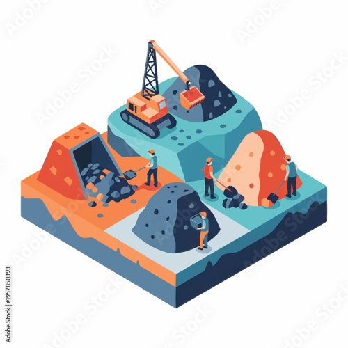 Isometric view of a mining operation with workers and machinery extracting resources.