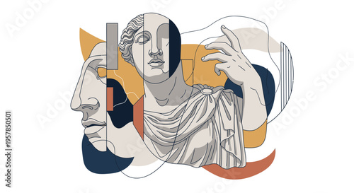 Abstract art illustration of classical sculptures in geometric composition