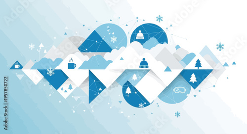Abstract geometric illustration of snow covered mountains and winter elements