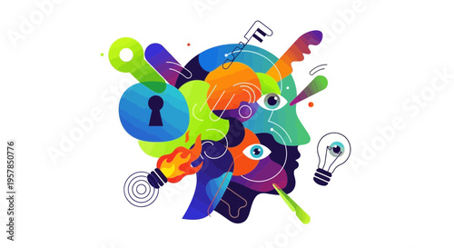 Abstract illustration of a human head with key elements representing ideas