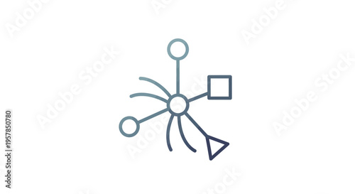 Abstract illustration of a network with interconnected nodes and shapes on white