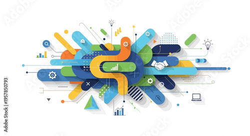 Abstract illustration of colorful interconnected shapes and elements