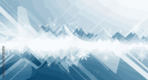 Abstract winter scene with geometric snowflakes and light effects
