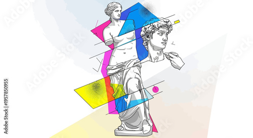 Artistic composition featuring classical sculptures and geometric shapes