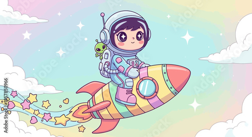 Astronaut and alien ride rocket through colorful sky with stars and clouds