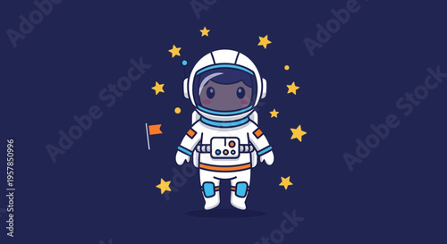Astronaut cartoon character floating in space surrounded by stars