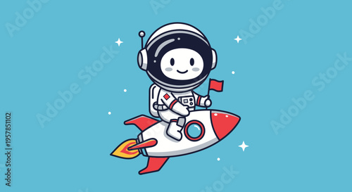 Astronaut character on rocket ship flying through space adventure concept