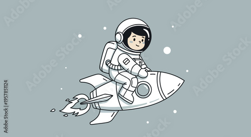 Astronaut child character riding rocket ship against space background