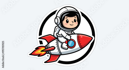 Astronaut child flying a rocket ship cartoon style isolated