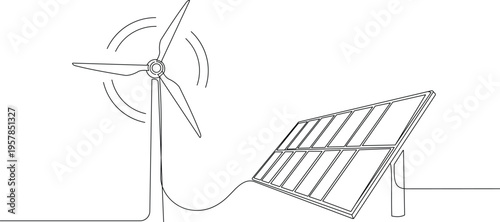 Continuous line drawing of a wind turbine and solar panel representing sustainable energy sources
