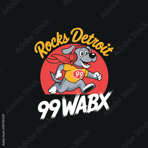 Cartoon dog wearing headphones and bandana, running with radio station logo, rocks detroit 99wabx